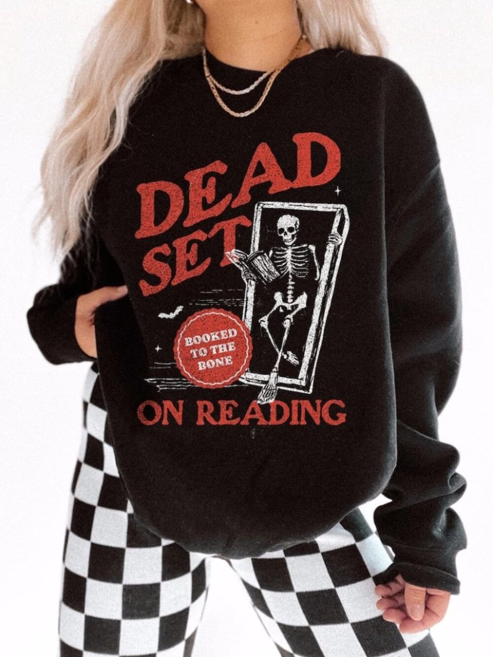 Skeleton Reading Books Sweater, Spooky Halloween Bookish Graphic